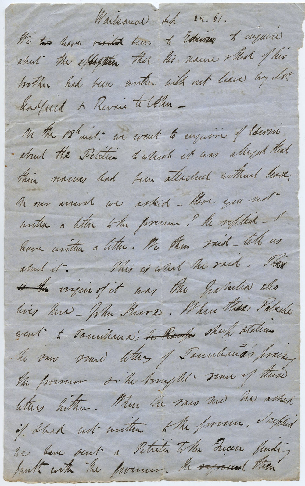 Letter penned by Octavius Hadfield on behalf of W. T. T. Nike and N. Ngapaki, September 1861