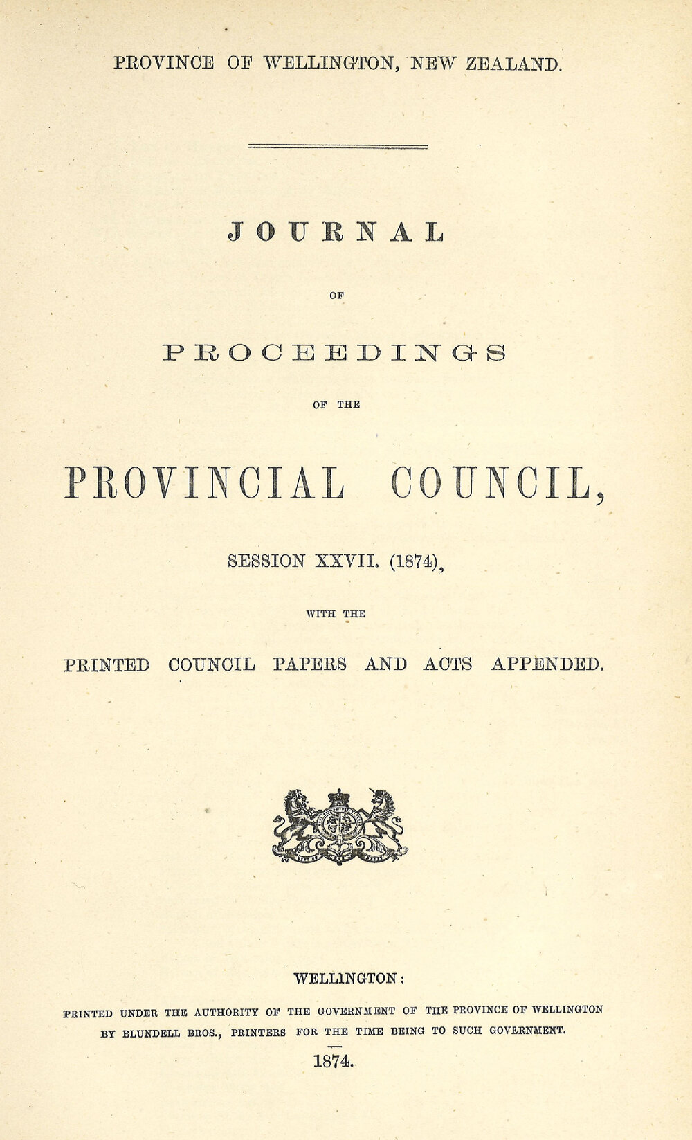 Wellington Provincial Council Proceedings, Session 27 (1874)