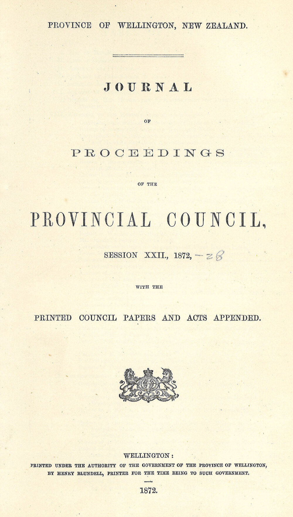 Wellington Provincial Council Proceedings, Sessions 22 &amp; 23 (1872)