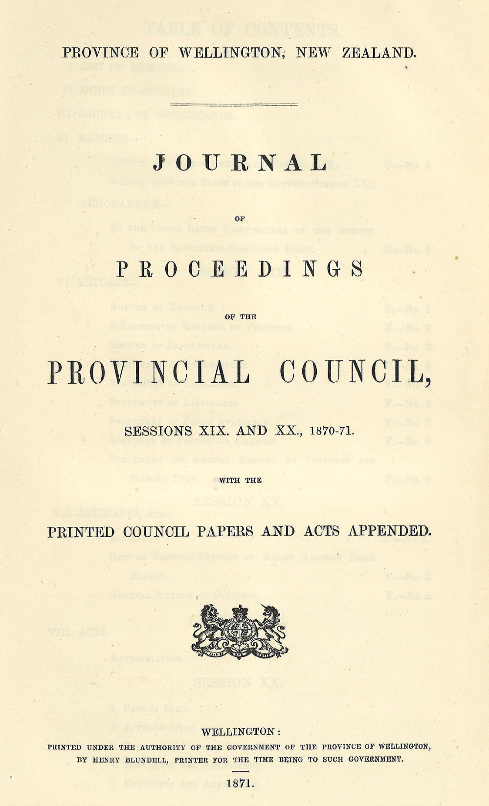 Wellington Provincial Council Proceedings, Sessions 19 &amp; 20 (1870 - 1871)