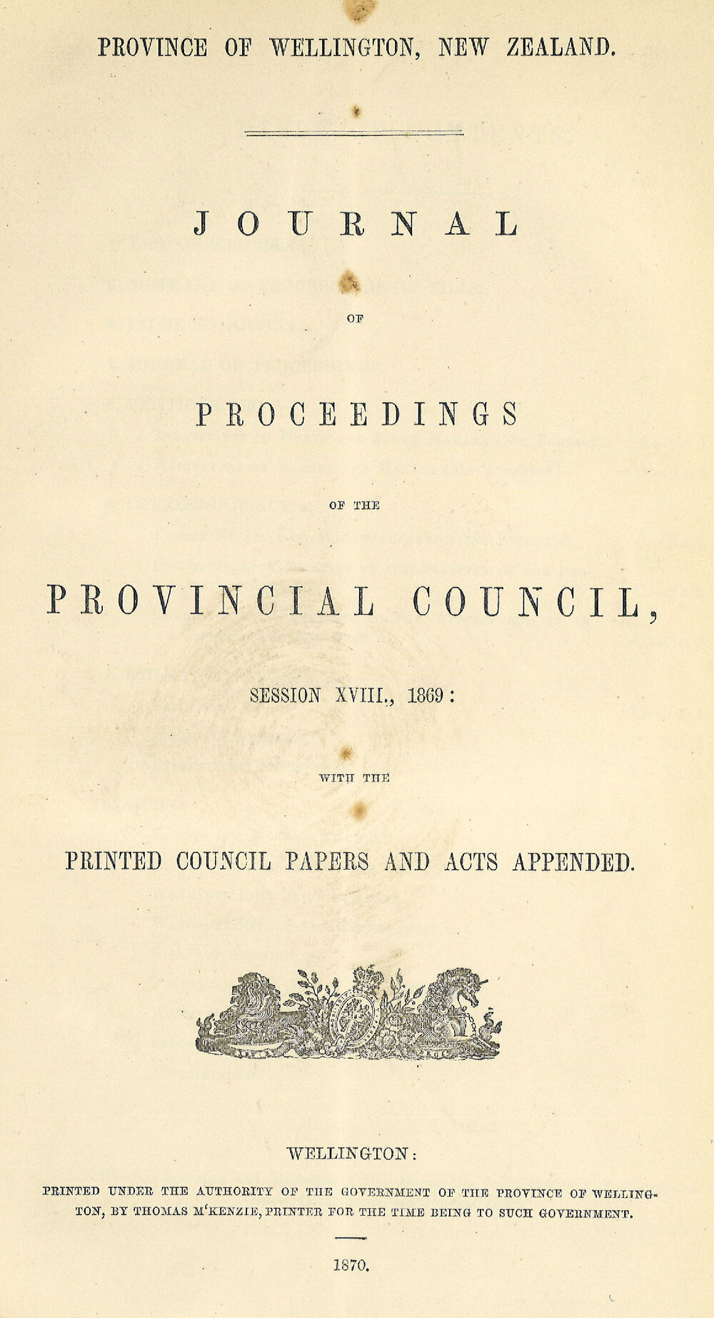 Wellington Provincial Council Proceedings, Session 18 (1869)