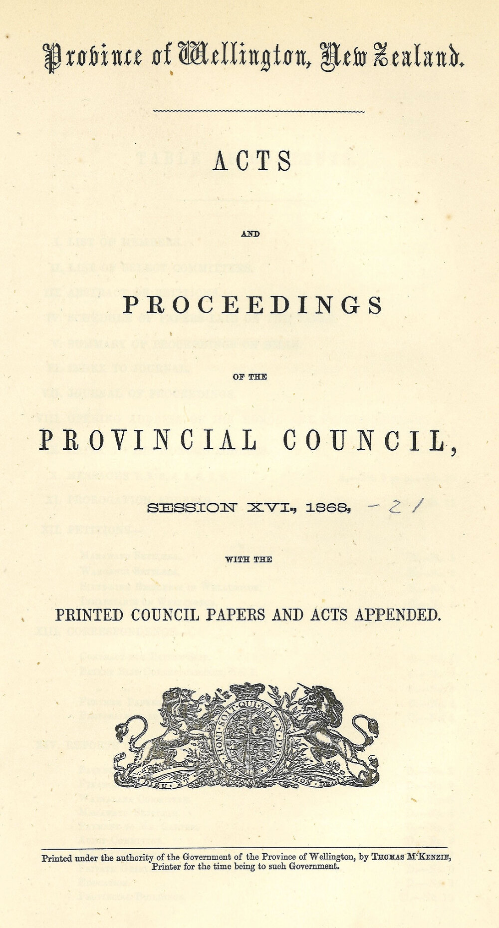 Wellington Provincial Council Proceedings, Session 16 (1868)