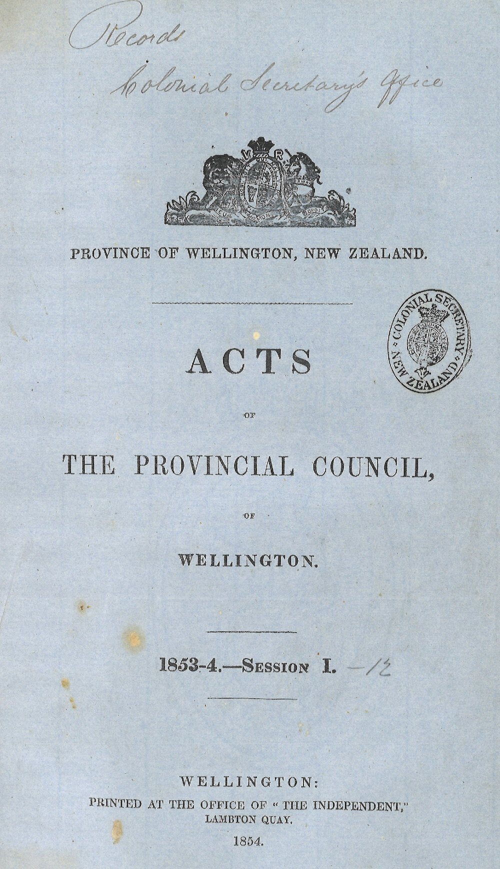 Acts of the Wellington Provincial Council, Sessions 1-12 (1853-1865)
