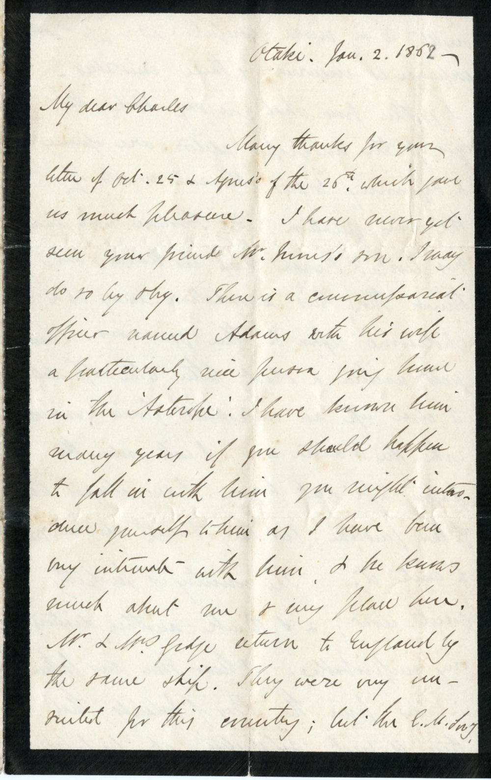 Letter from Octavius Hadfield to his brother Charles, January 1862
