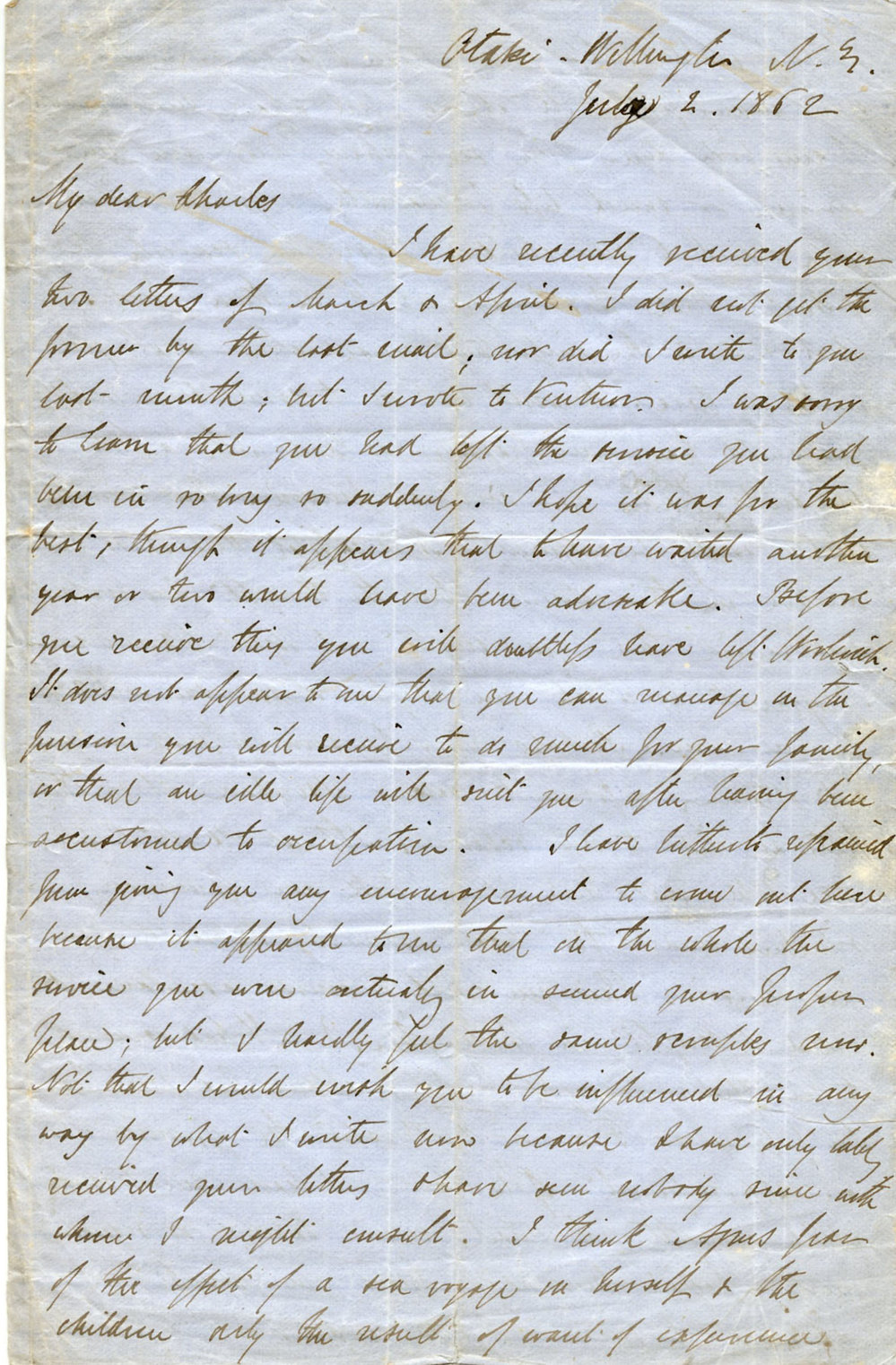Letter from Octavius Hadfield to his brother Charles, July 1862
