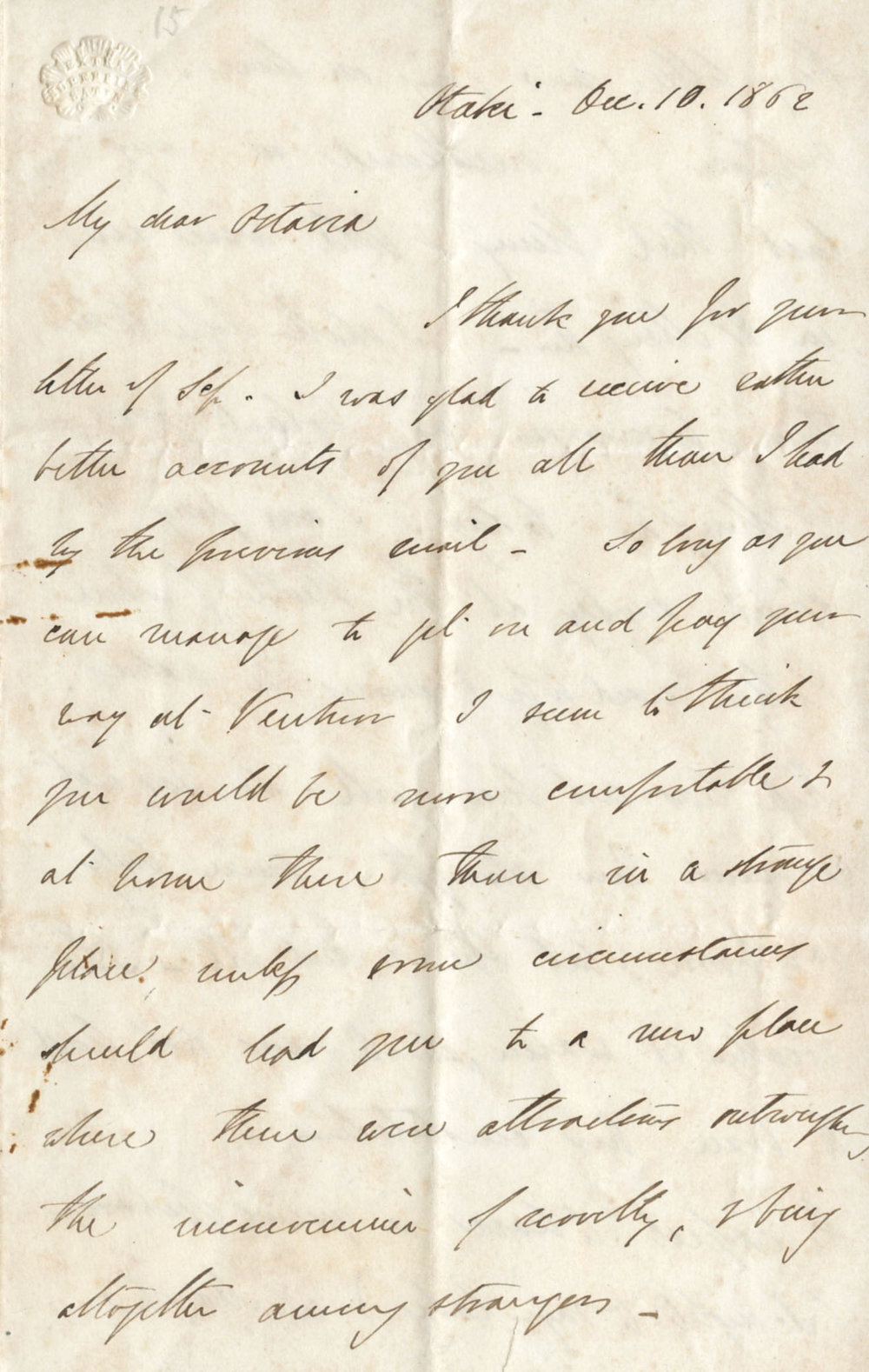 Letter from Octavius Hadfield to his sister Octavia, November 1862