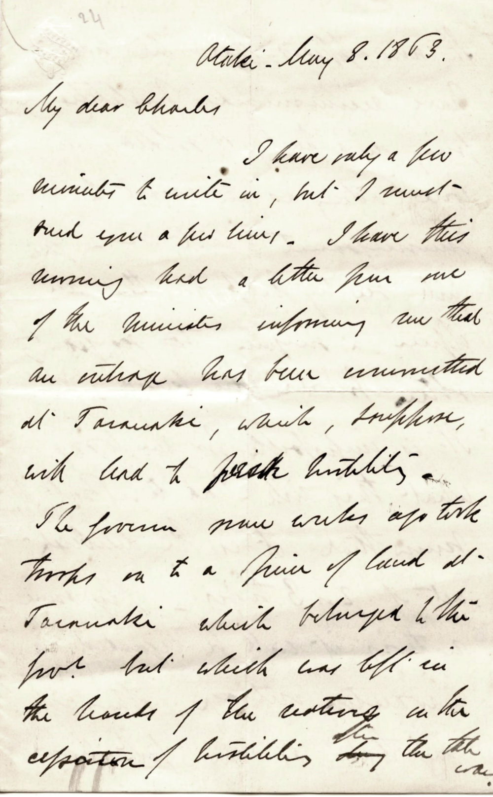 Letter from Octavius Hadfield to his brother Charles, May 1863