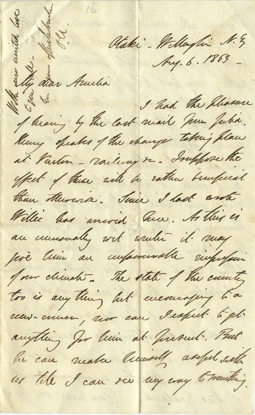 Letter from Octavius Hadfield to his sister Amelia, August 1863