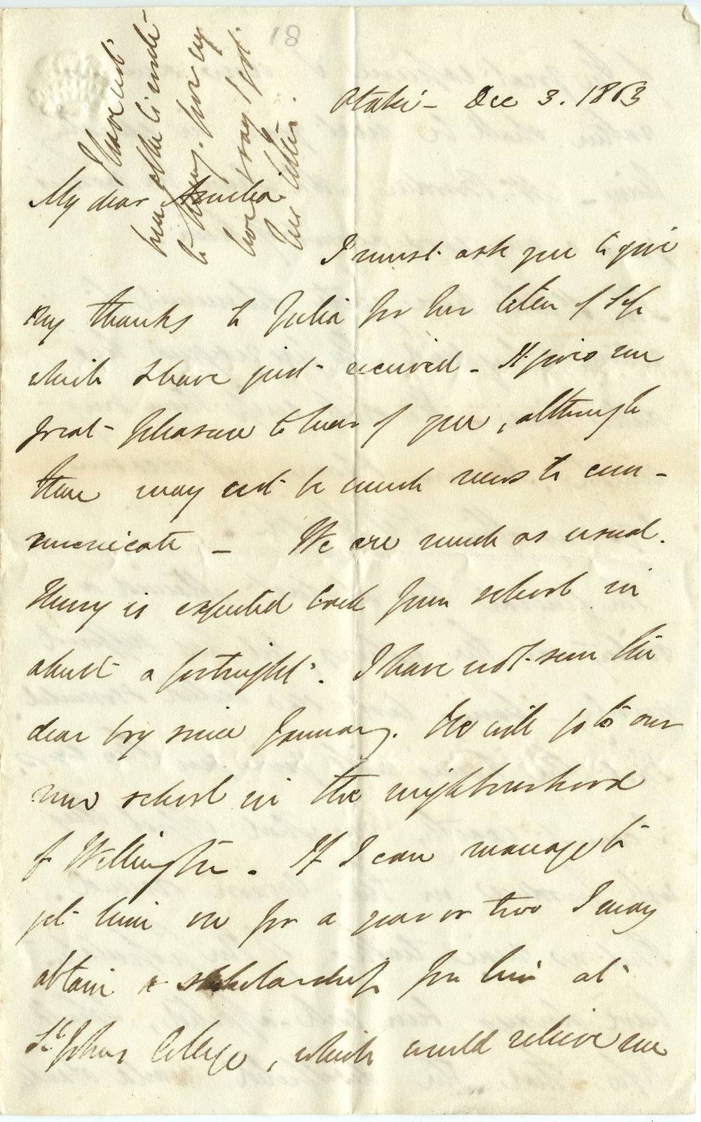Letter from Octavius Hadfield to his sister Amelia, December 1863