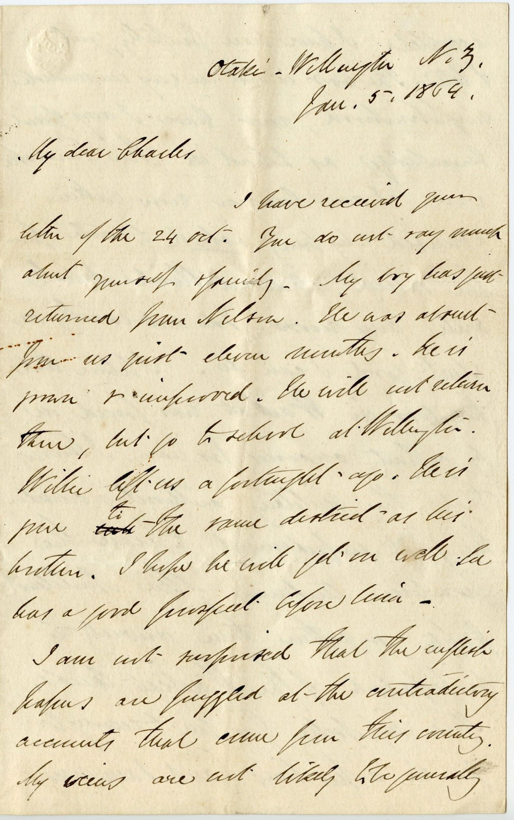 Letter from Octavius Hadfield to his brother Charles, January 1864