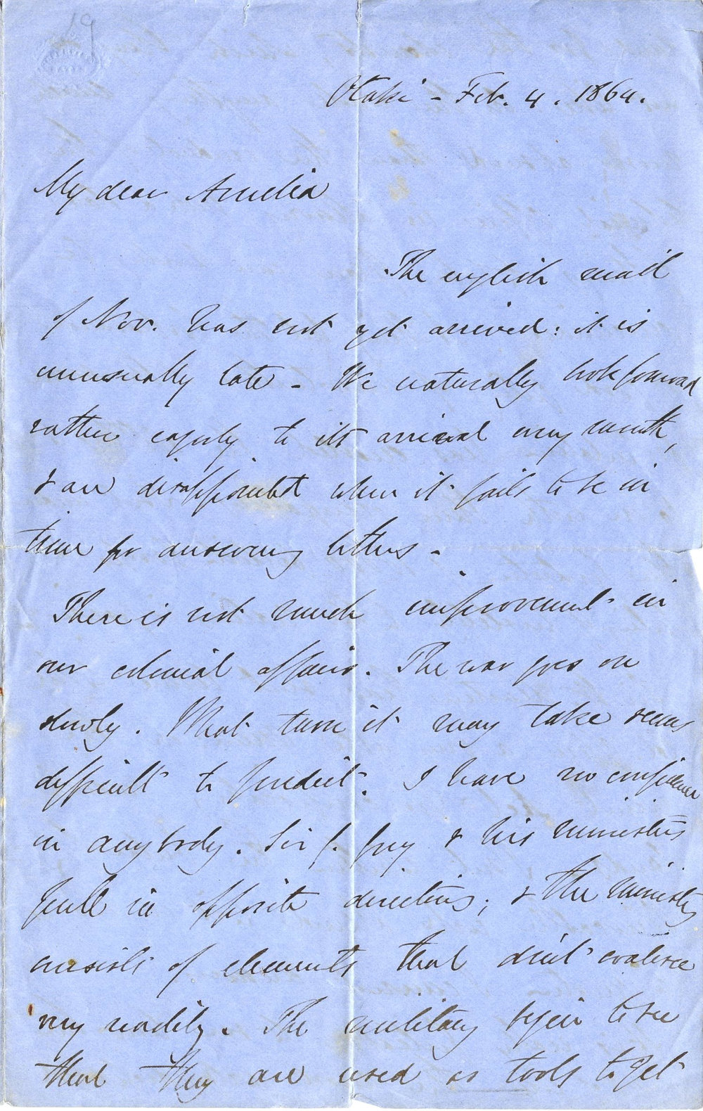 Letter from Octavius Hadfield to his sister Amelia, February 1864