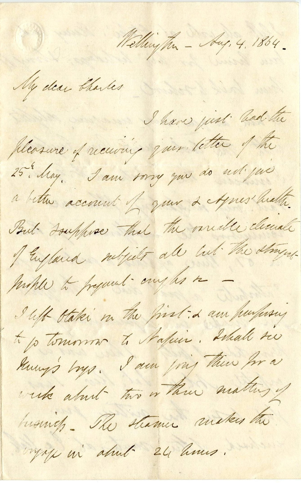 Letter from Octavius Hadfield to his brother Charles, July 1864