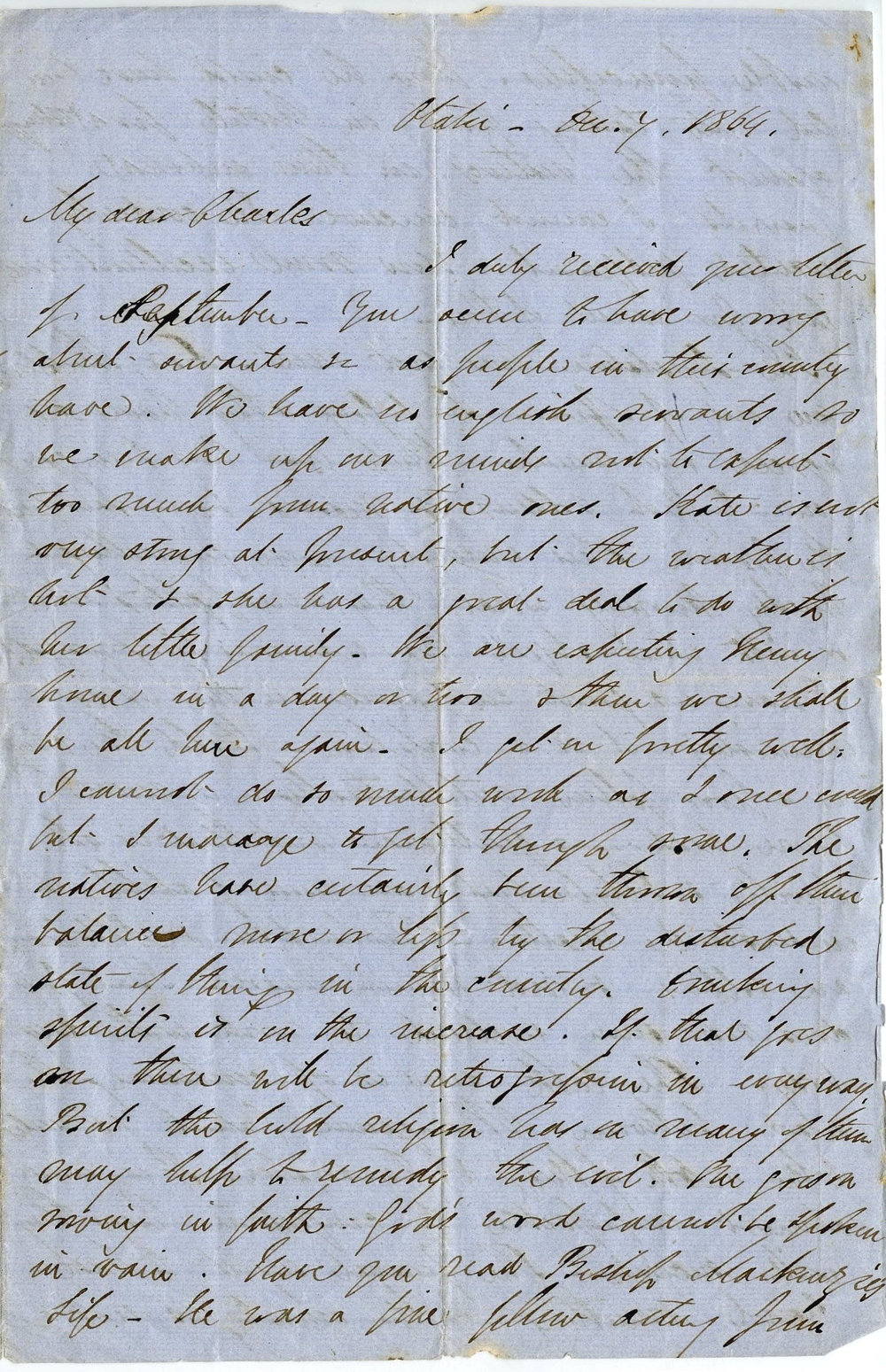 Letter from Octavius Hadfield to his brother Charles, December 1864