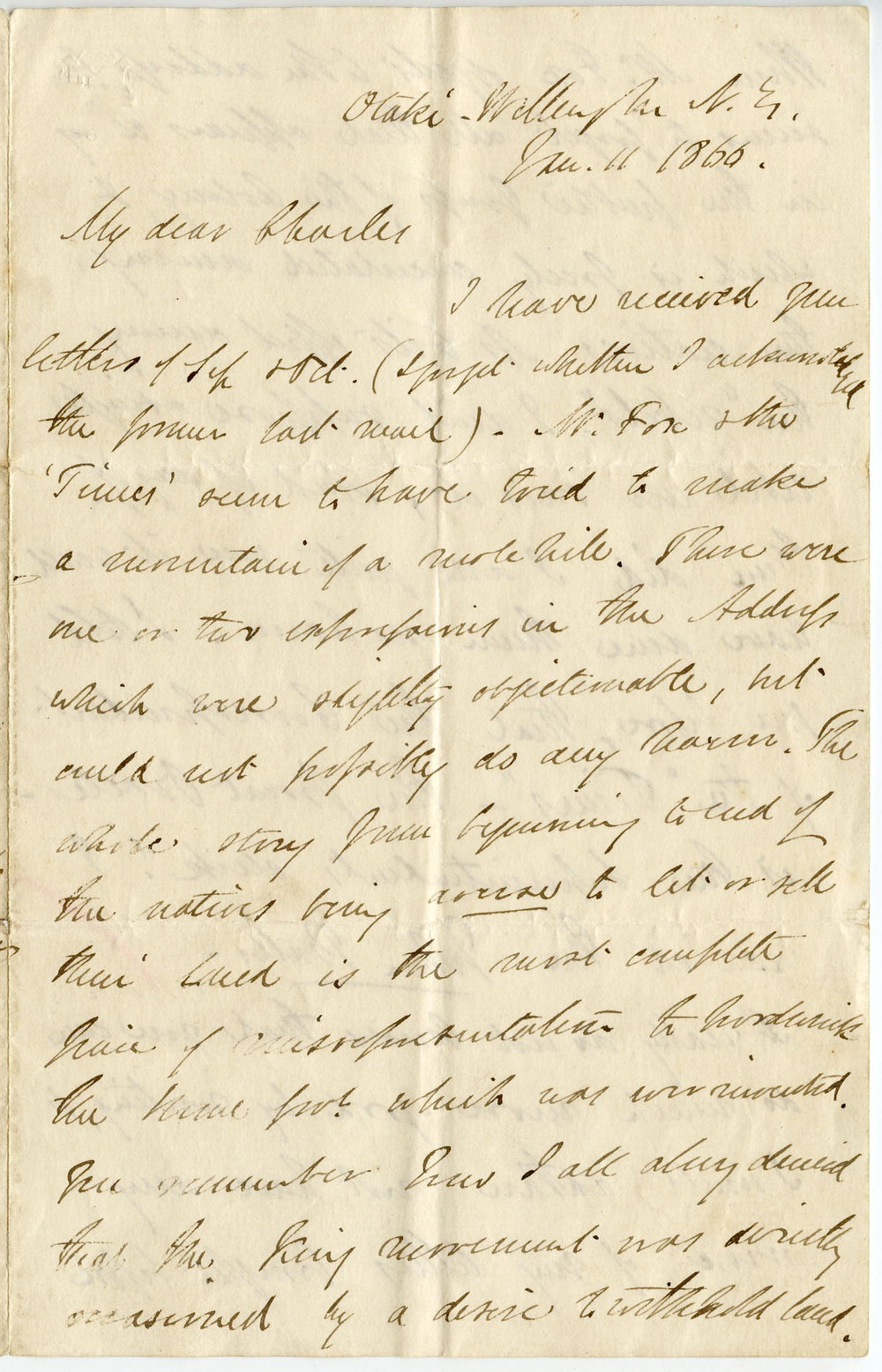 Letter from Octavius Hadfield to his brother Charles, January 1866