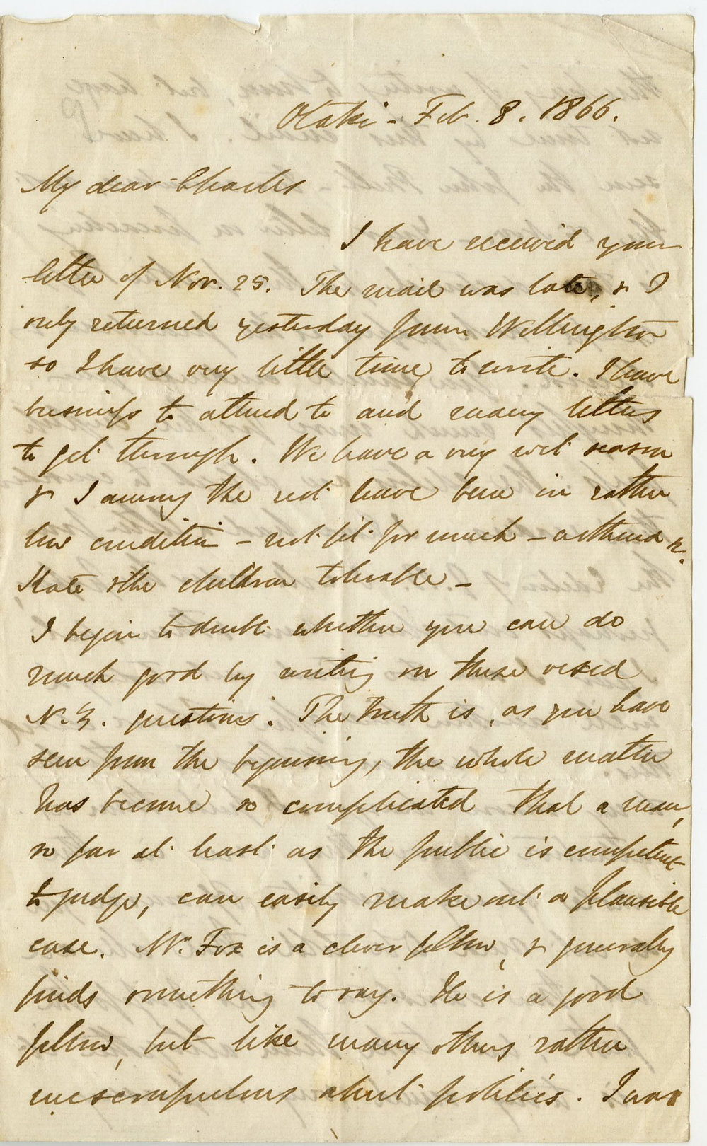 Letter from Octavius Hadfield to his brother Charles, February 1866