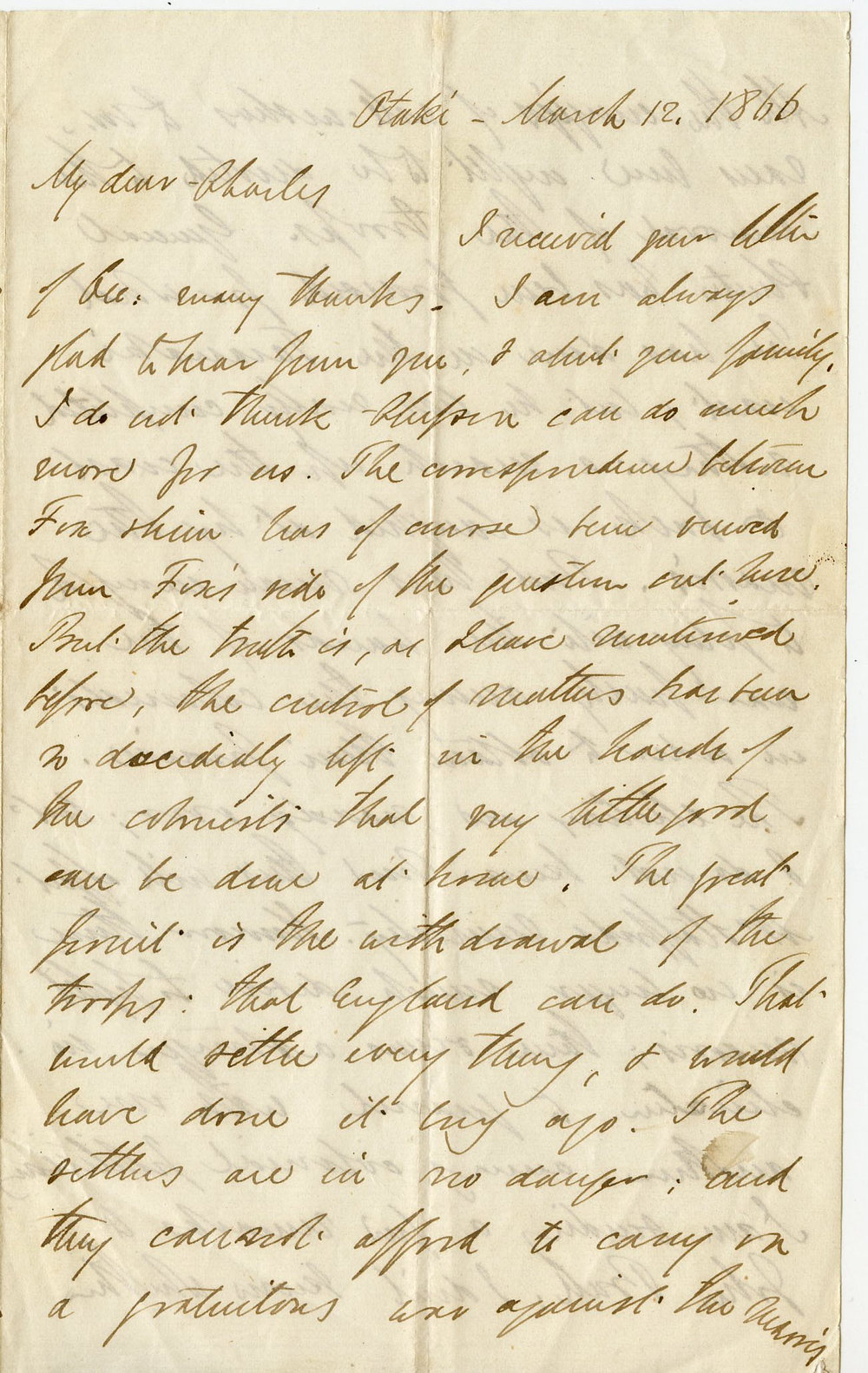 Letter from Octavius Hadfield to his brother Charles, March 1866