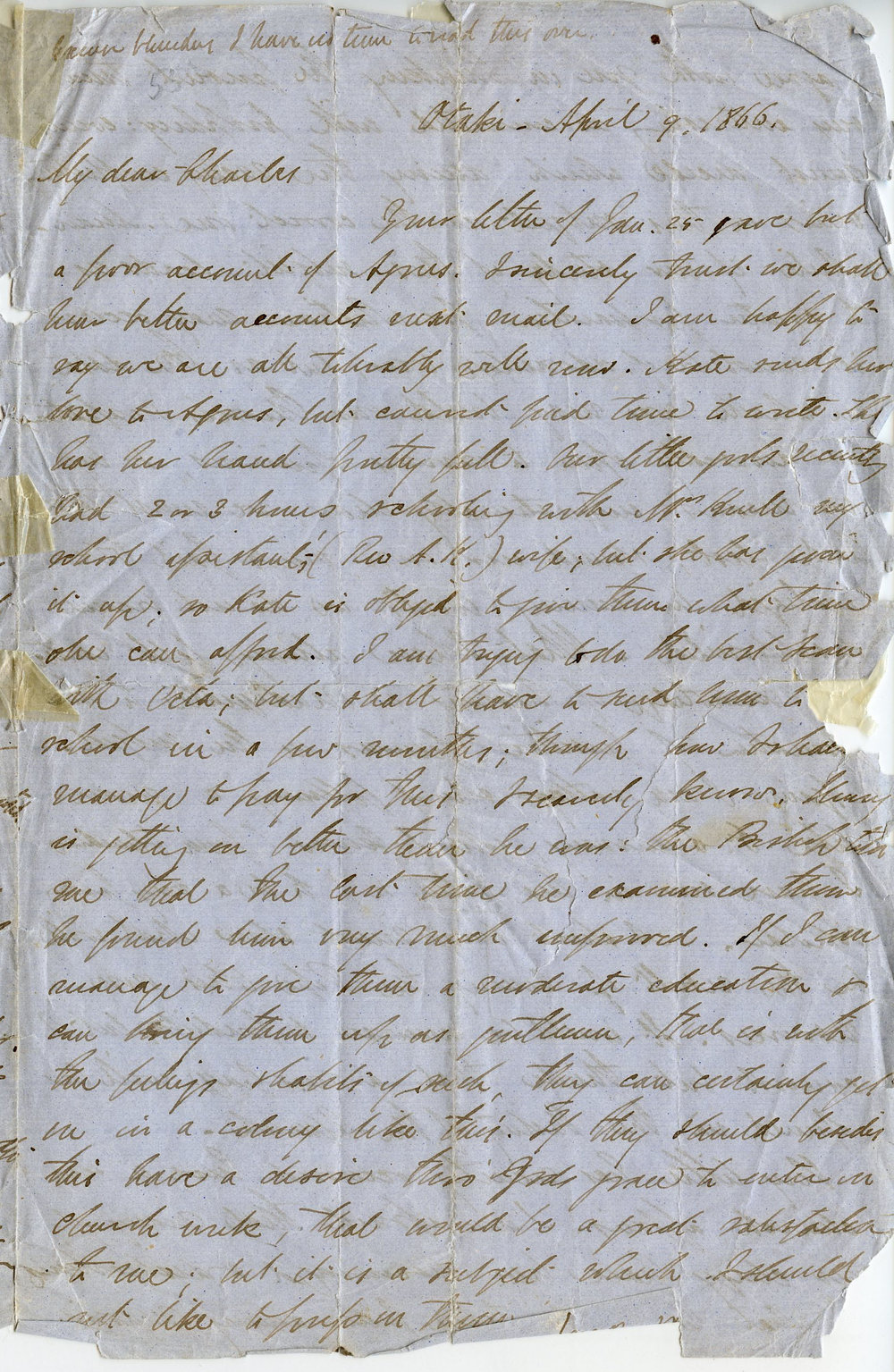 Letter from Octavius Hadfield to his brother Charles, April 1866