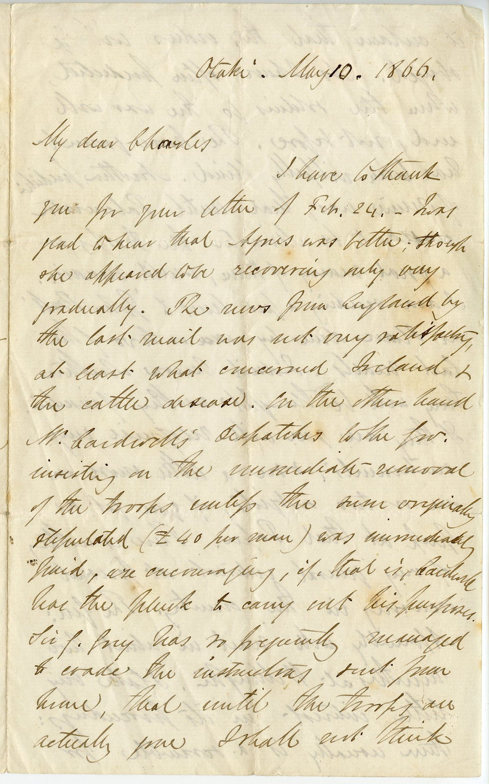 Letter from Octavius Hadfield to his brother Charles, May 1866