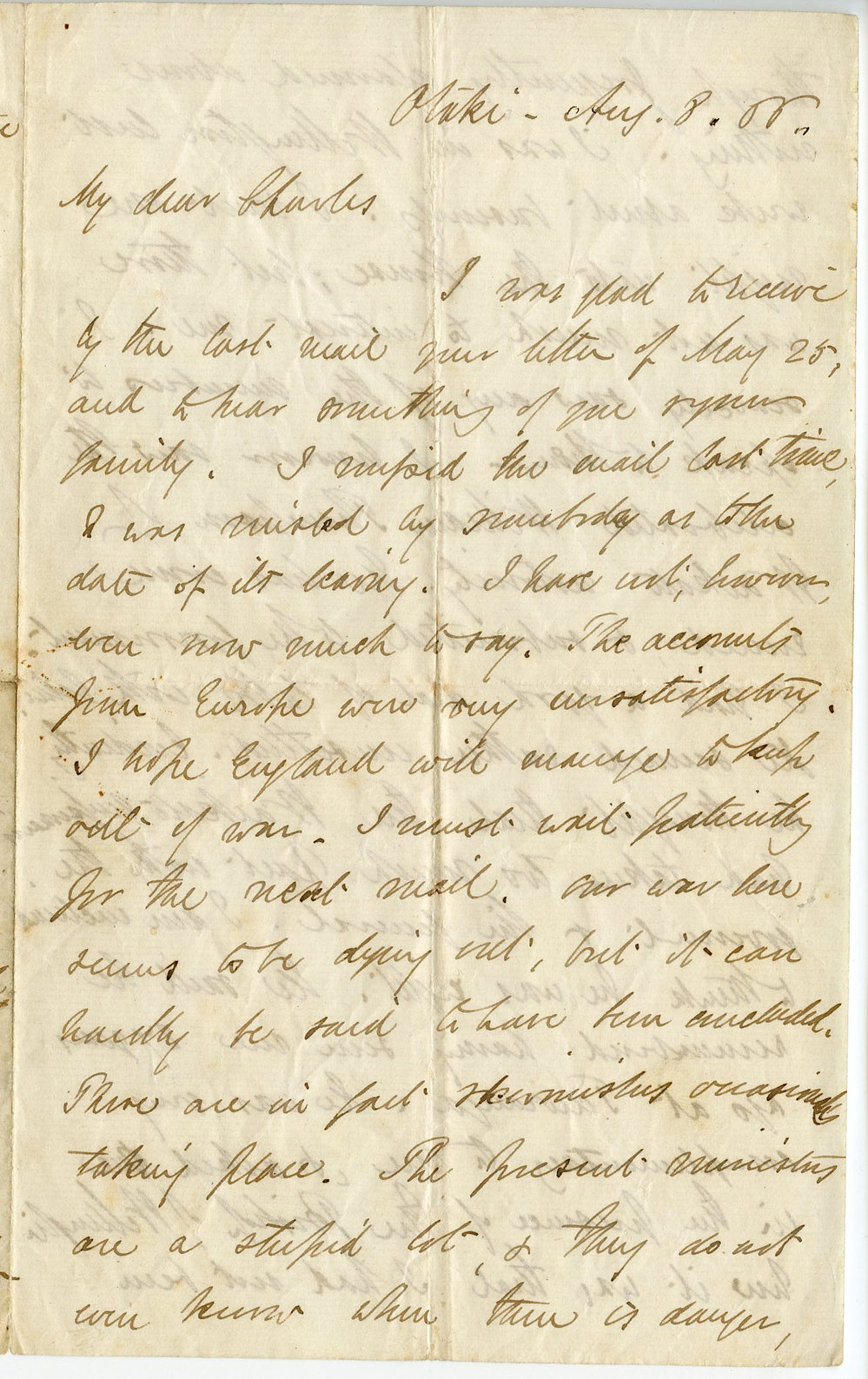 Letter from Octavius Hadfield to his brother Charles, August 1866