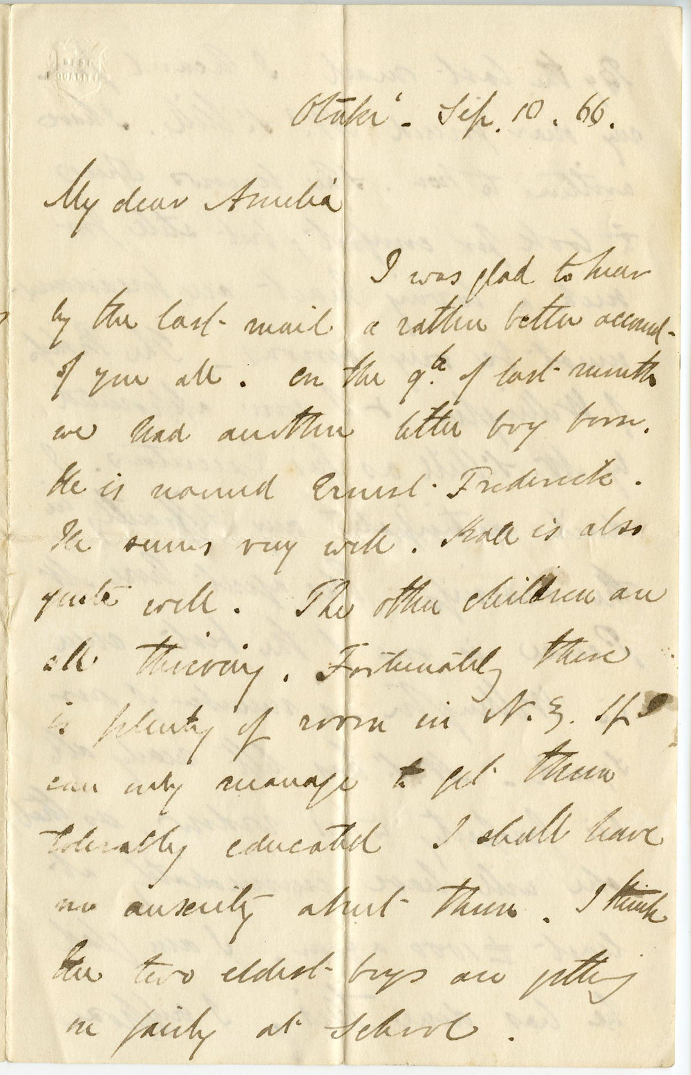 Letter from Octavius Hadfield to his sister Amelia, September 1866