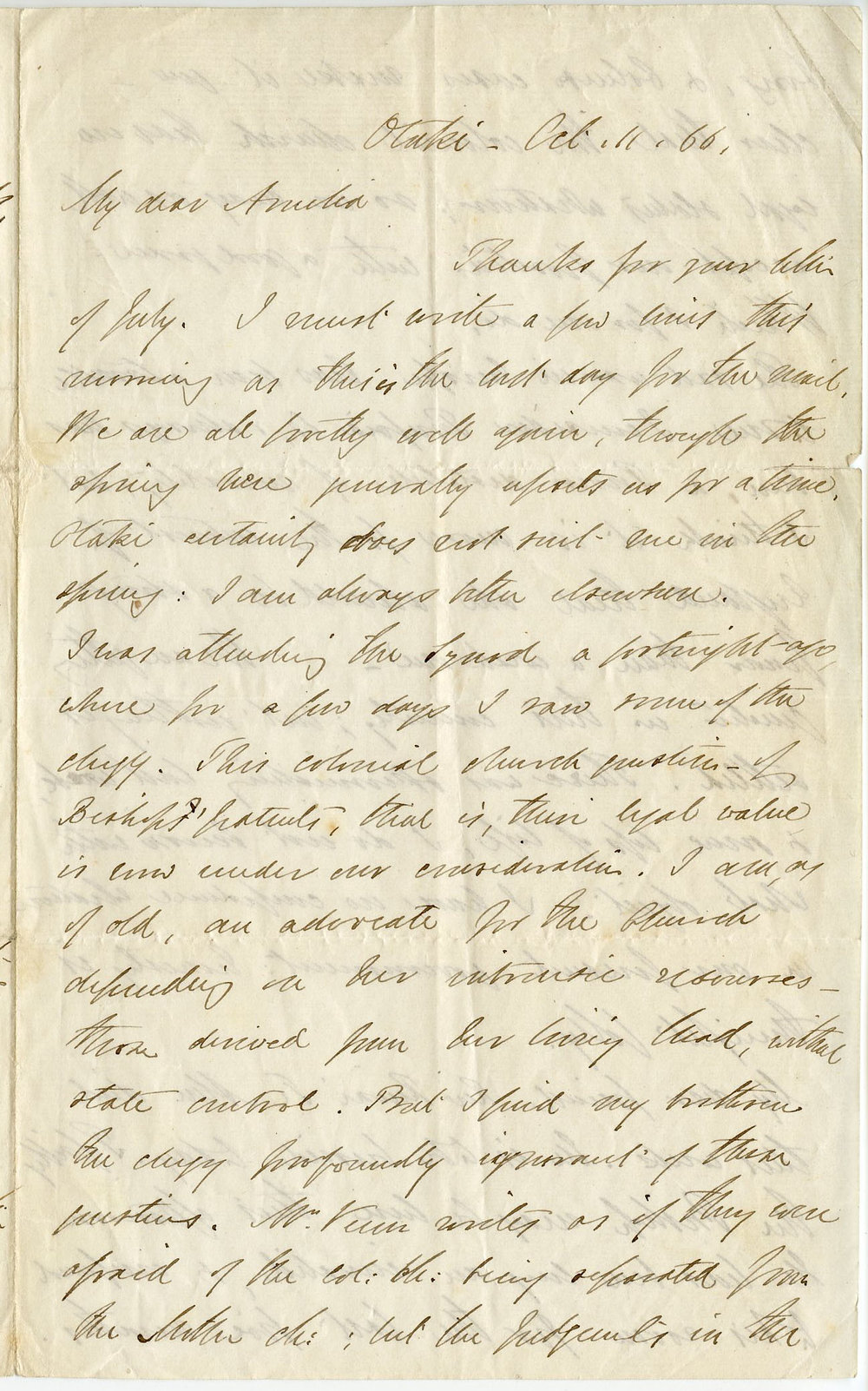 Letter from Octavius Hadfield to his sister Amelia, October 1866