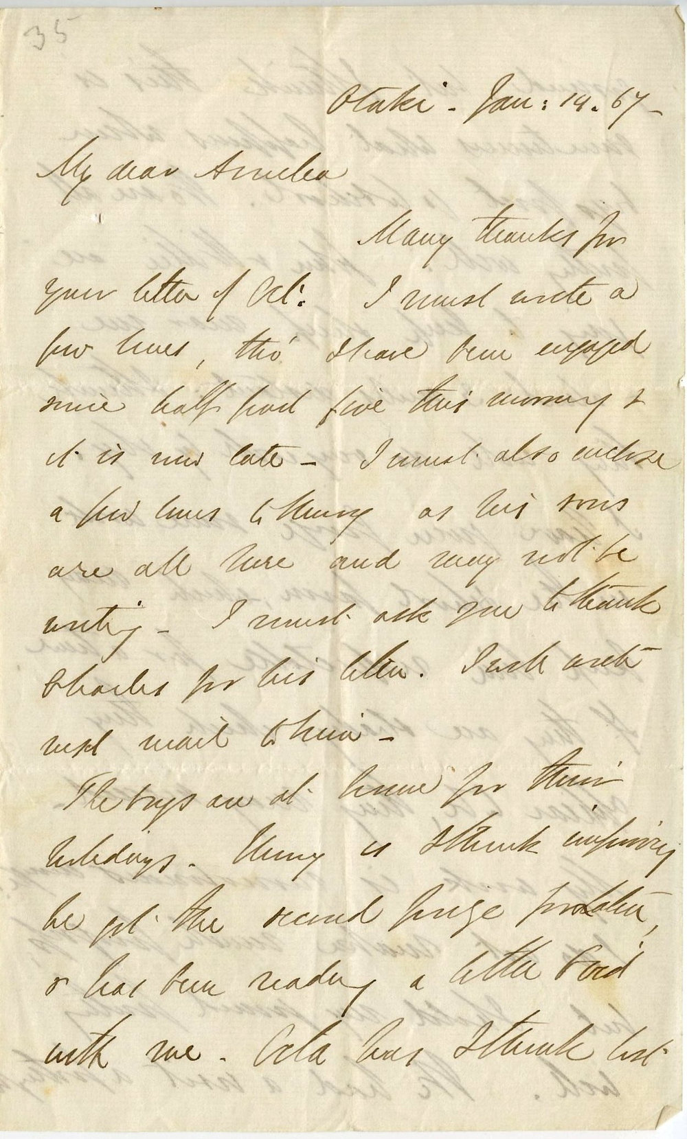 Letter from Octavius Hadfield to his sister Amelia, January 1867