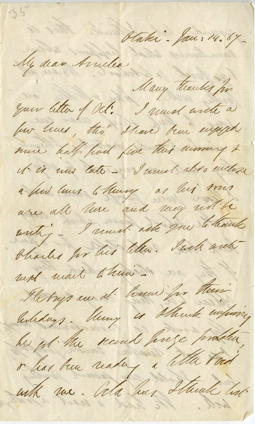 Letter from Octavius Hadfield to his sister Amelia, January 1867
