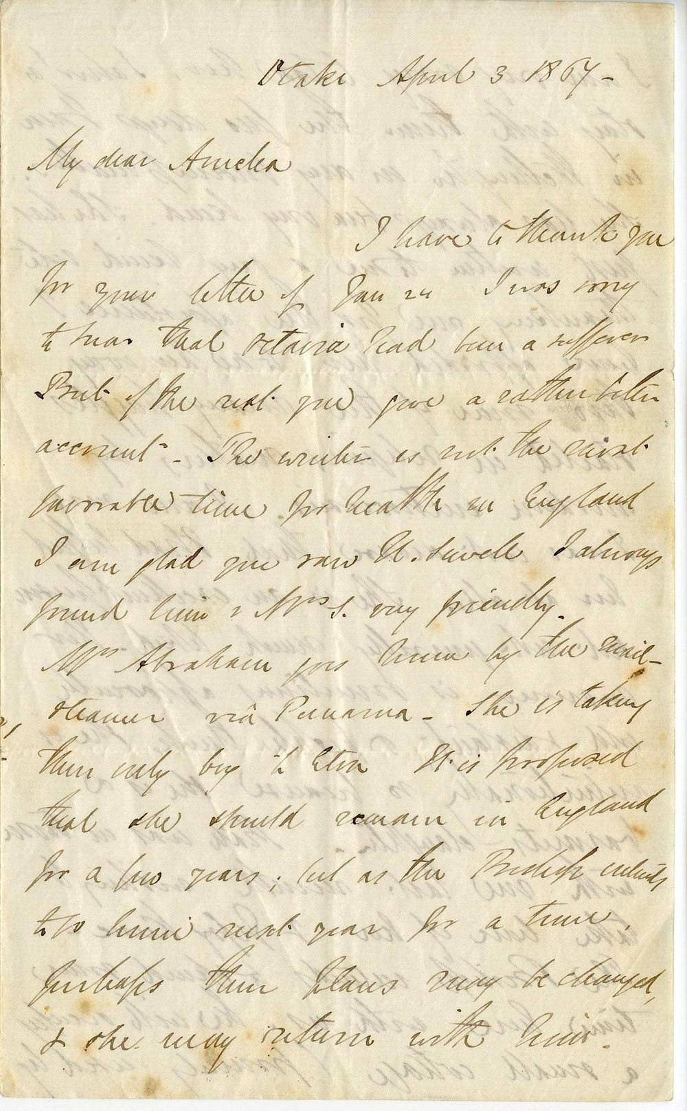 Letter from Octavius Hadfield to his sister Amelia, April 1867