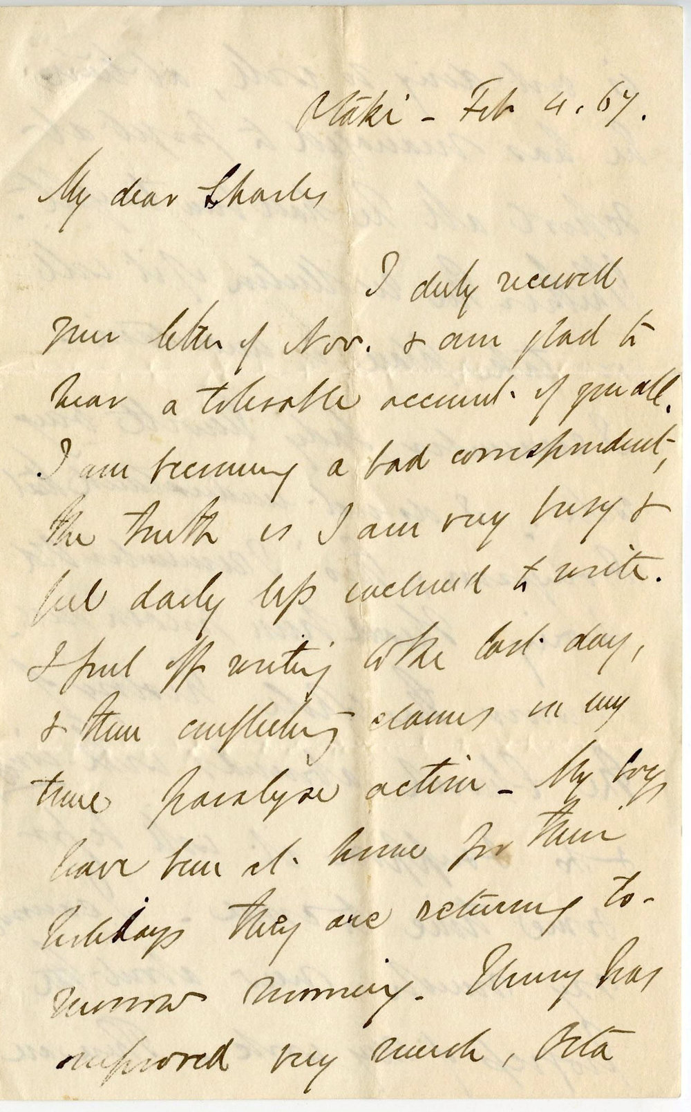 Letter from Octavius Hadfield to his brother Charles, February 1867