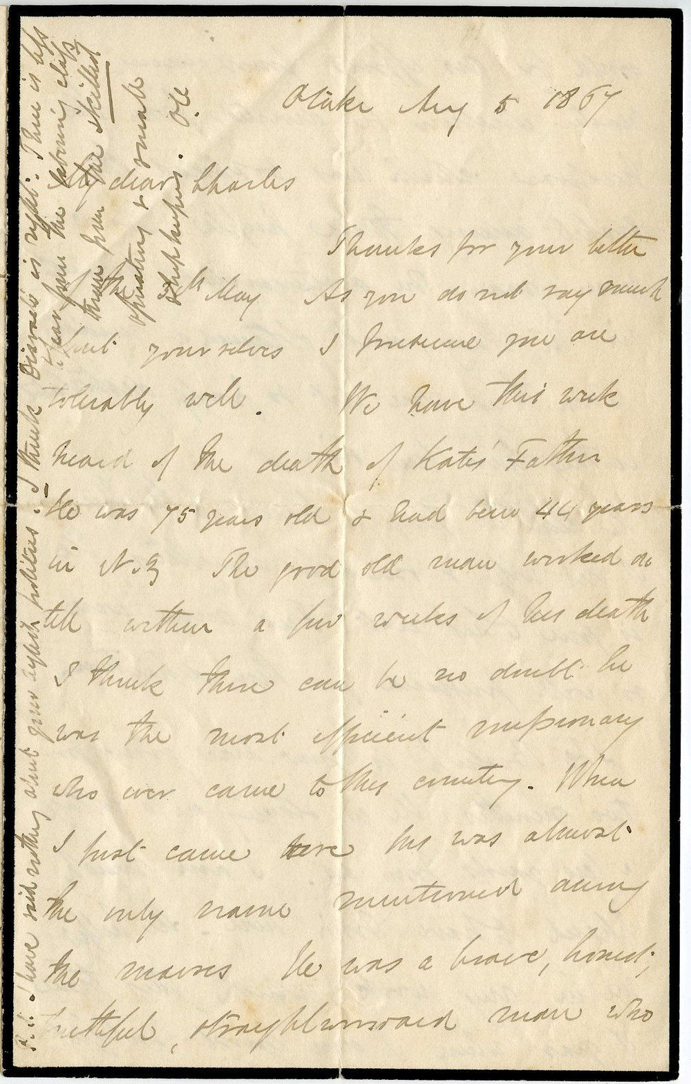 Letter from Octavius Hadfield to his brother Charles, August 1867 