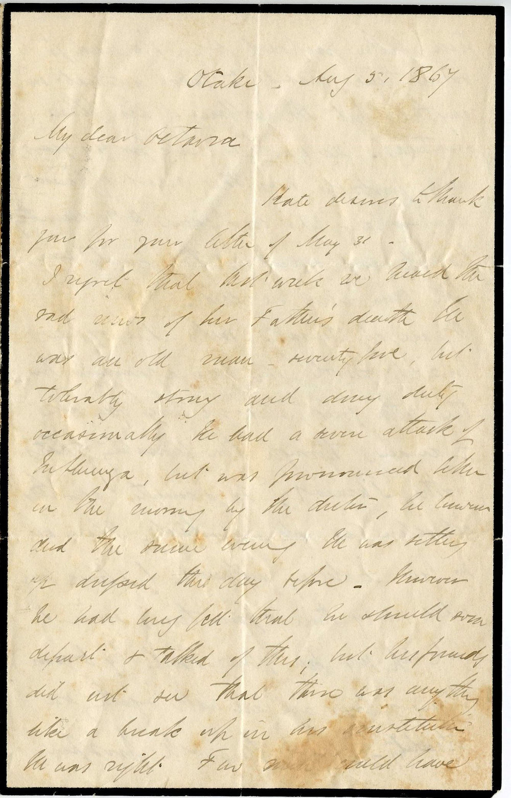 Letter from Octavius Hadfield to his sister Octavia, August 1867