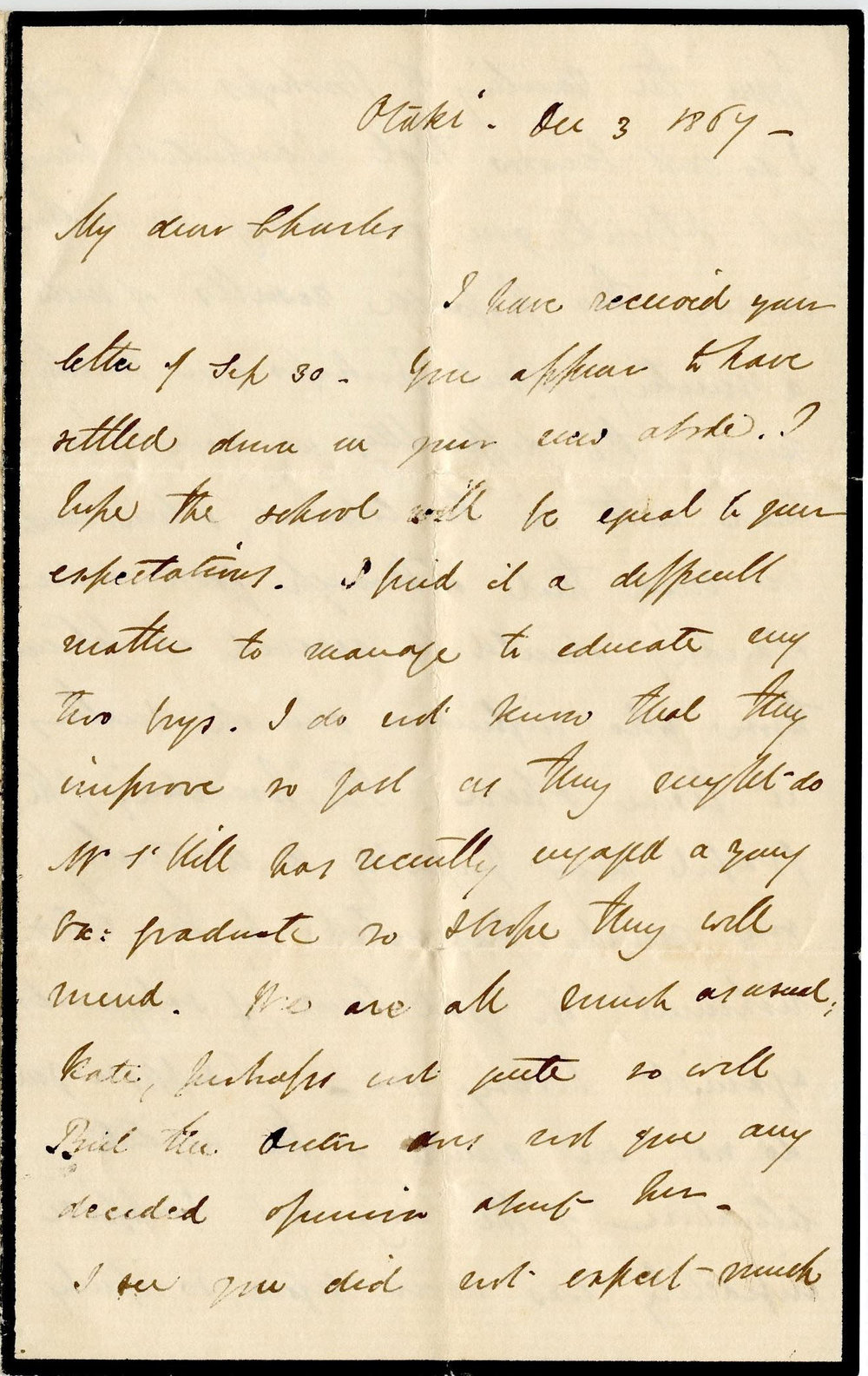 Letter from Octavius Hadfield to his brother Charles, December 1867