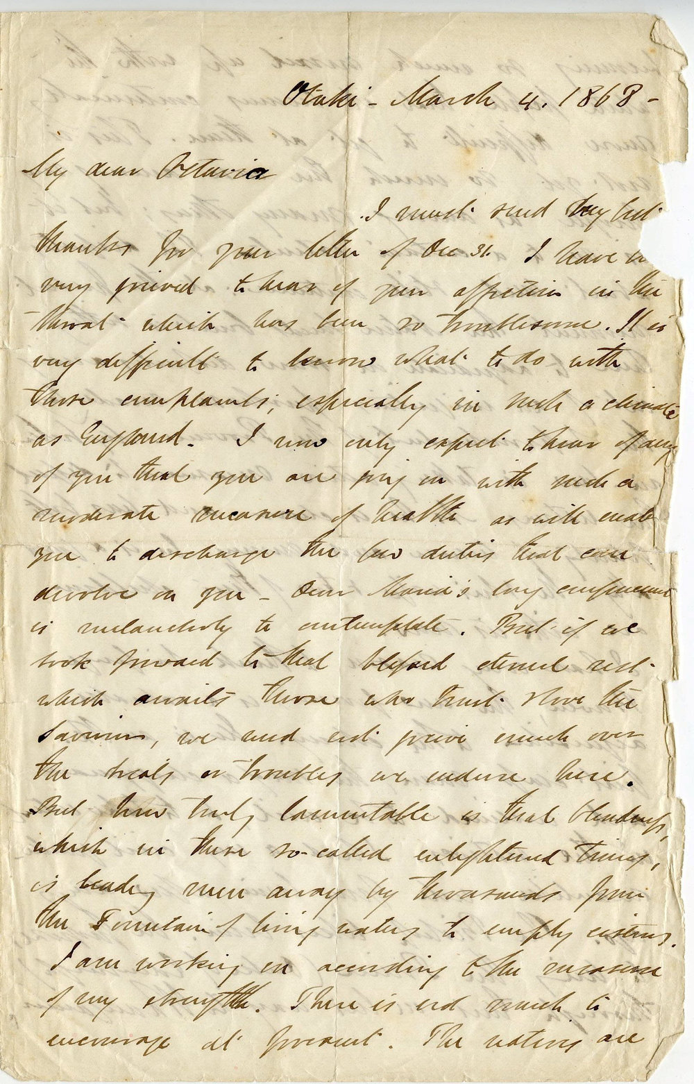 Letter from Octavius Hadfield to his sister Octavia, March 1868