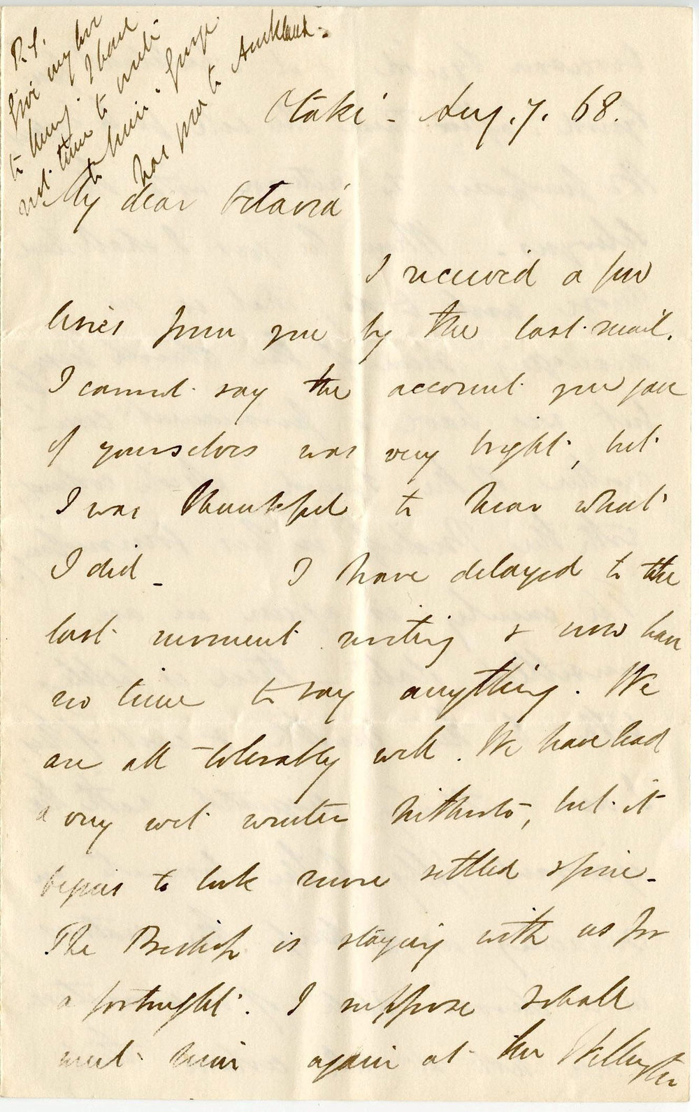 Letter from Octavius Hadfield to his sister Octavia, August 1868
