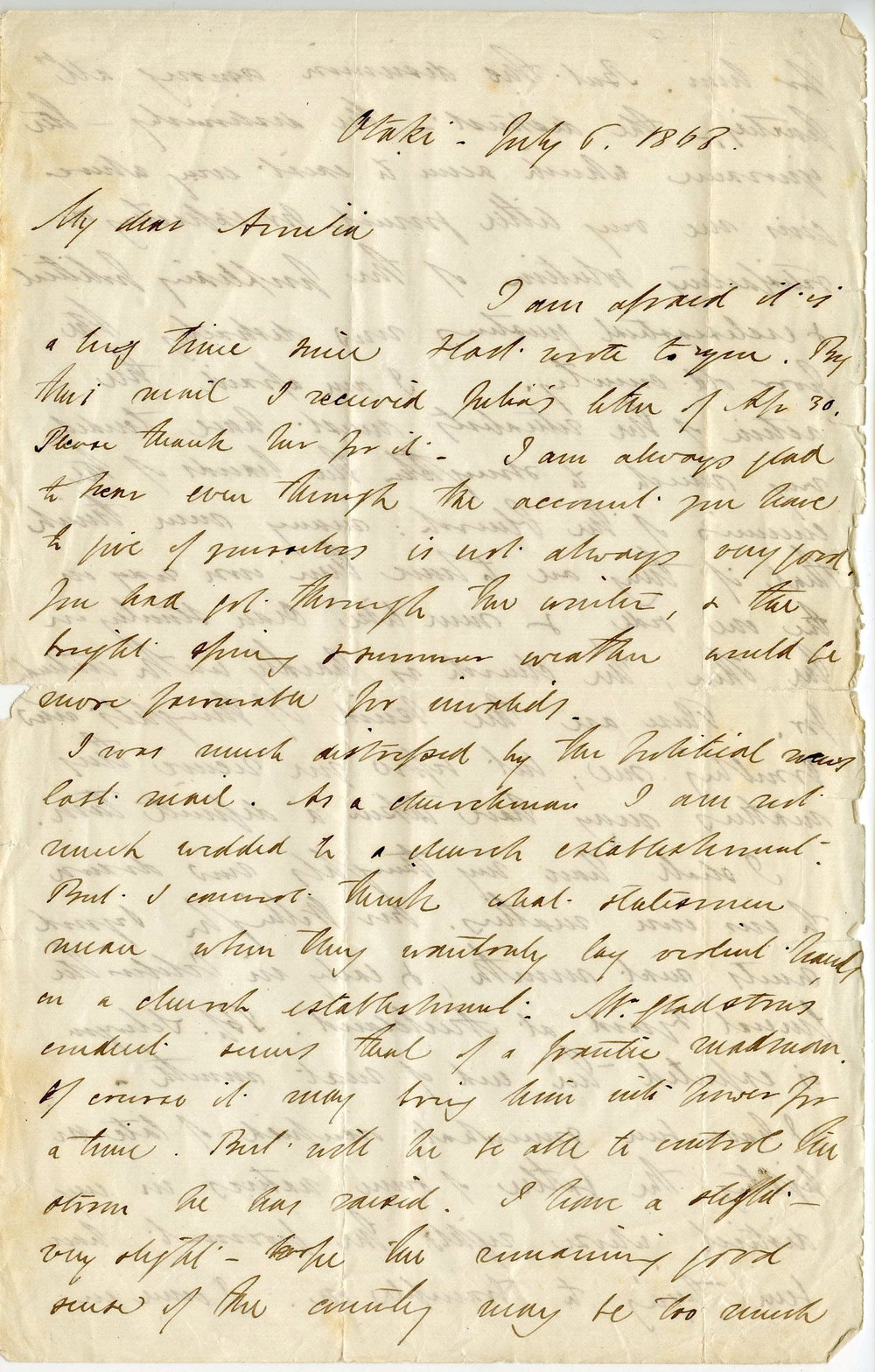 Letter from Octavius Hadfield to his sister Amelia, July 1868