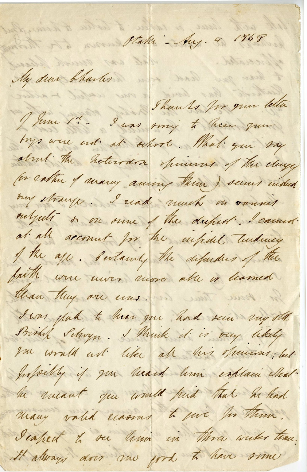 Letter from Octavius Hadfield to his brother Charles, August 1868