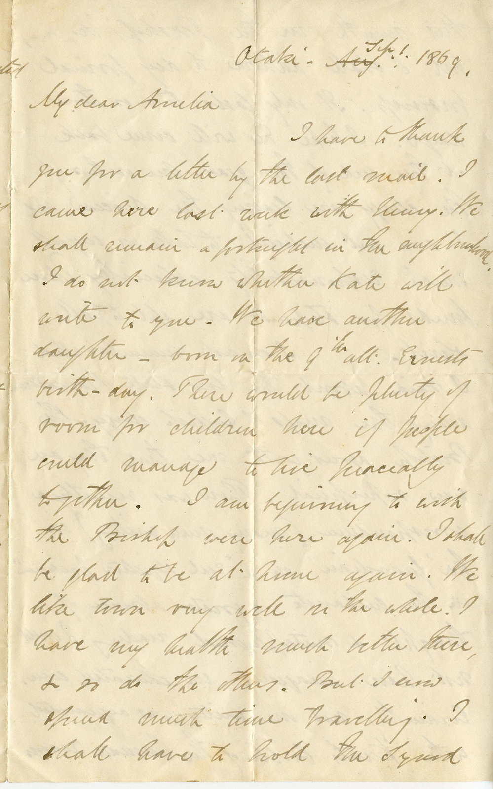 Letter from Octavius Hadfield to his sister Amelia, September 1869