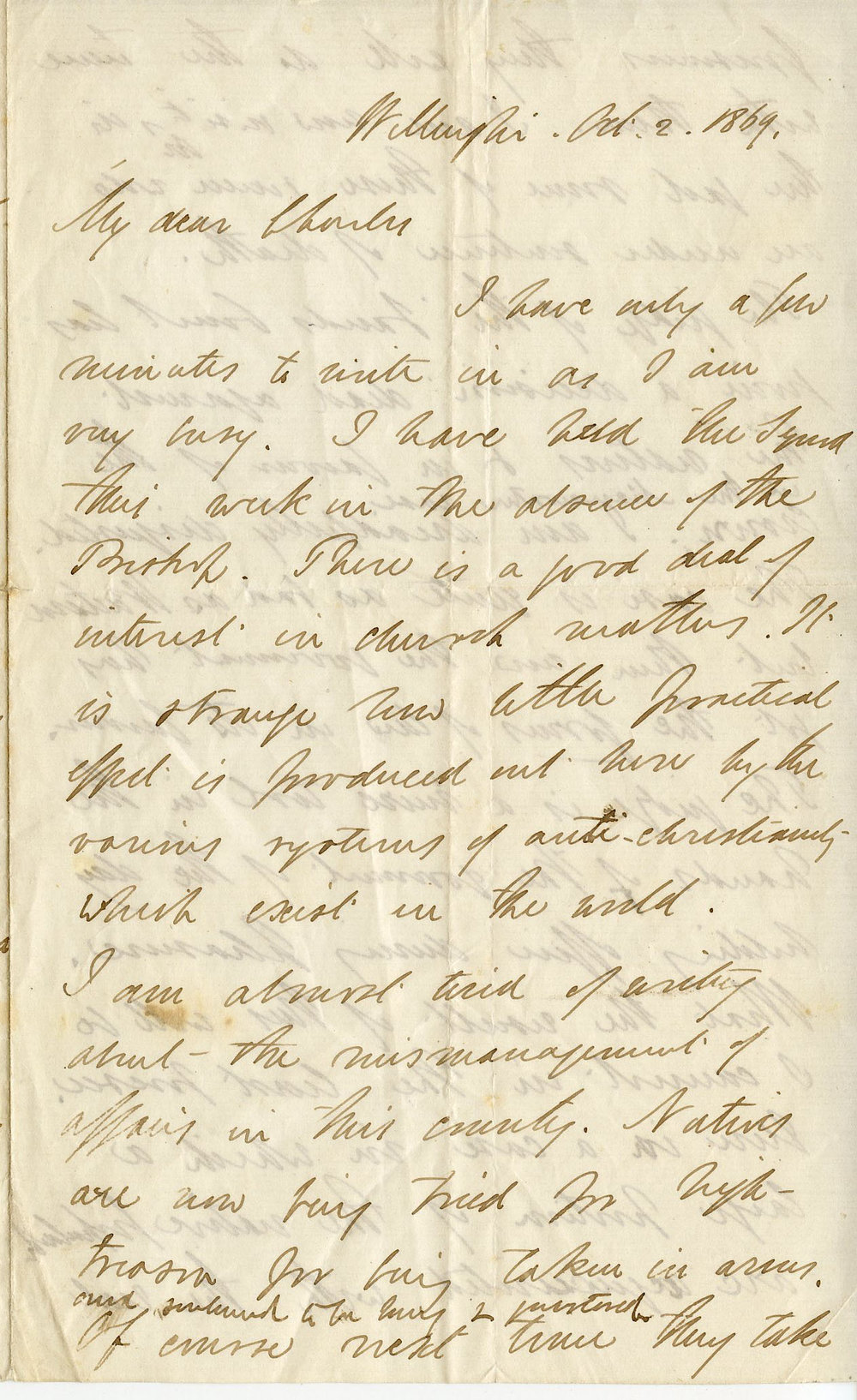 Letter from Octavius Hadfield to his brother Charles, October 1869