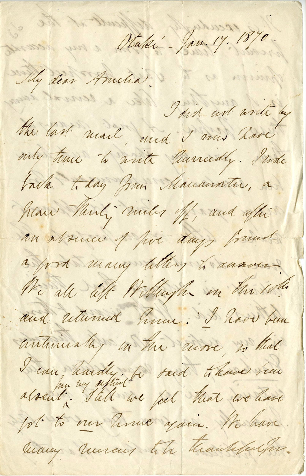 Letter from Octavius Hadfield to his sister Amelia, January 1870