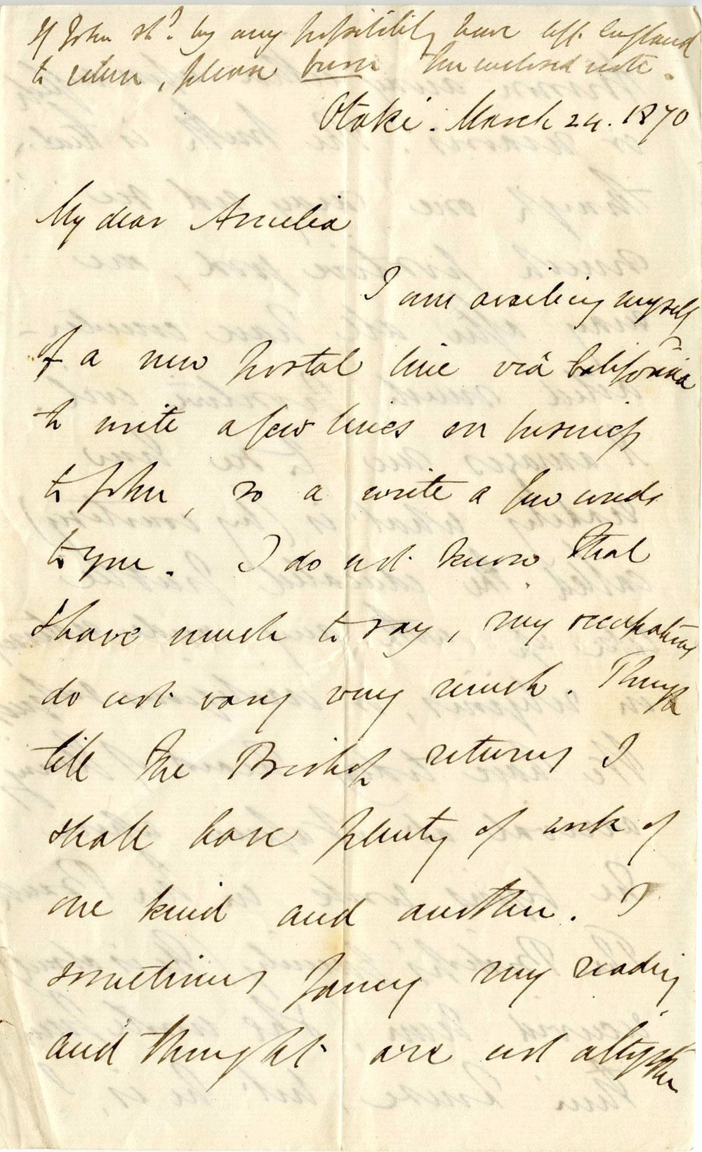 Letter from Octavius Hadfield to his sister Amelia, March 1870