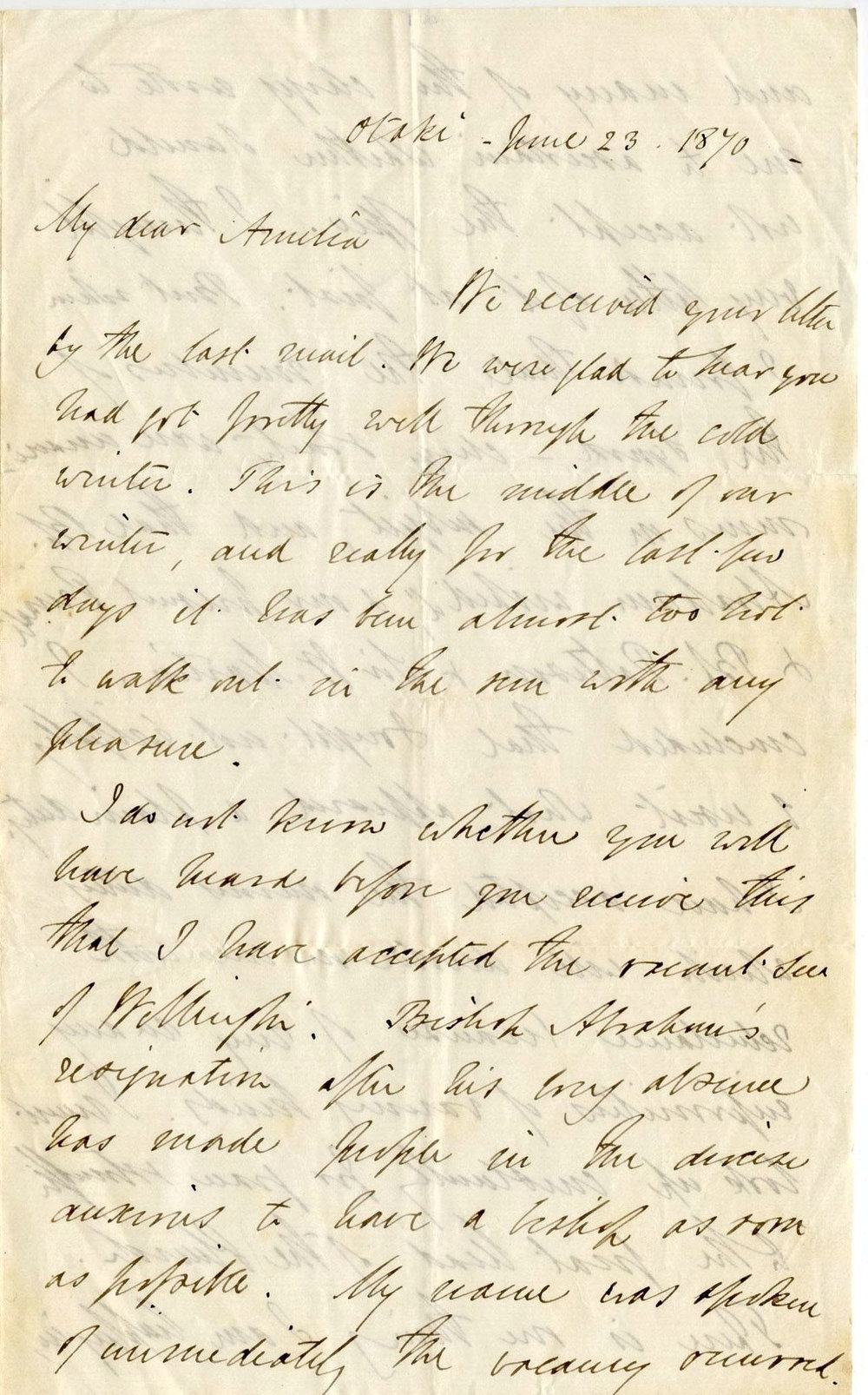 Letter from Octavius Hadfield to his sister Amelia, June 1870