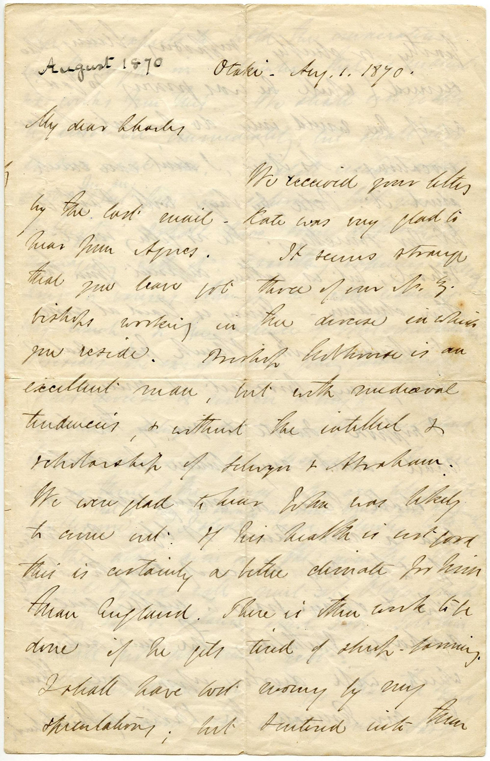 Letter from Octavius Hadfield to his brother Charles, August 1870