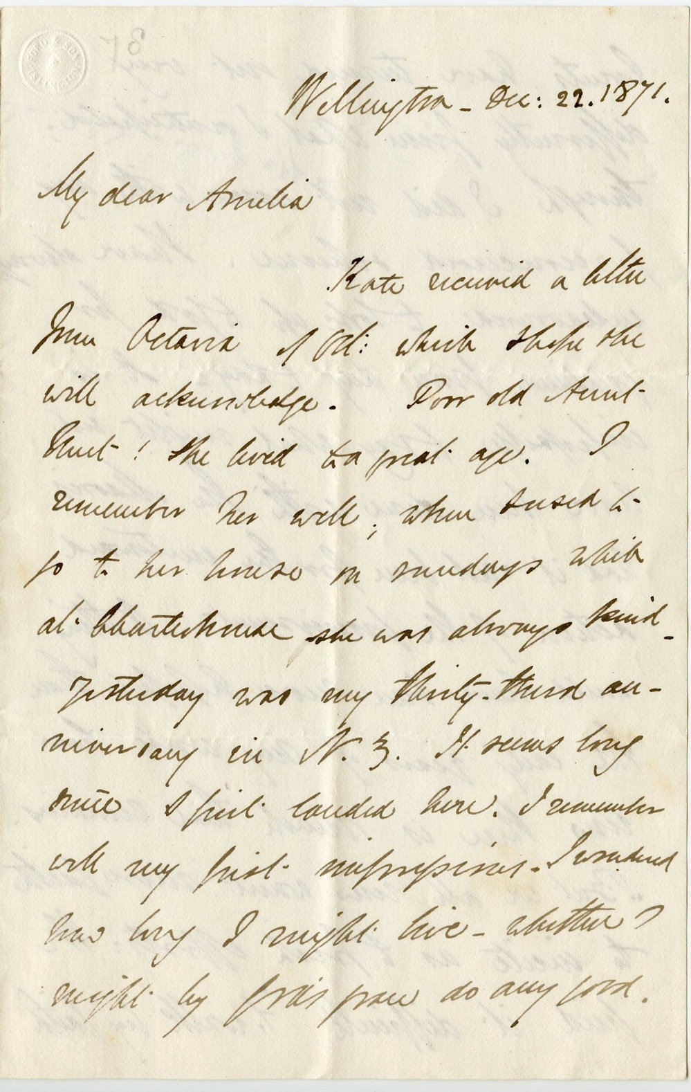 Letter from Octavius Hadfield to his sister Amelia, December 1871