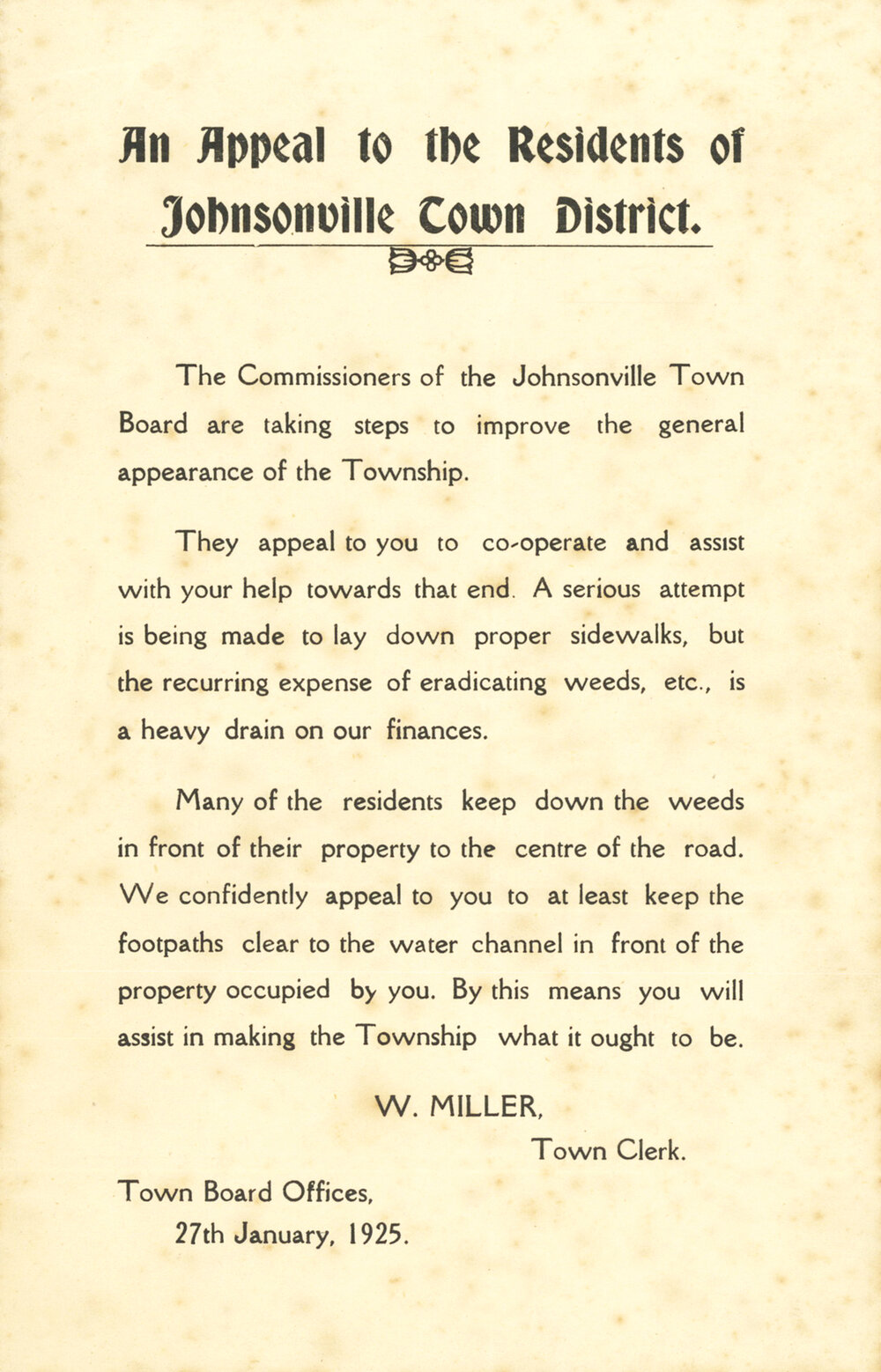 An Appeal to the Residents of Johnsonville Town District 