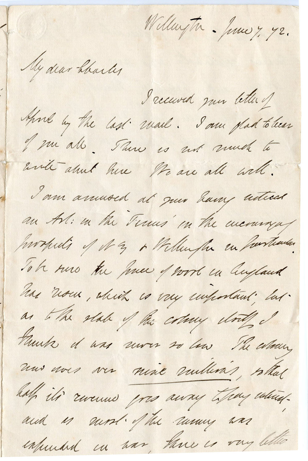 Letter from Octavius Hadfield to his brother Charles, June 1872