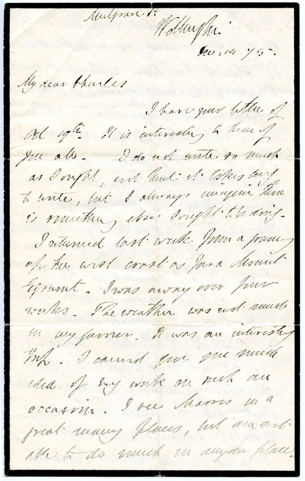 Letter from Octavius Hadfield to his brother Charles, December 1875