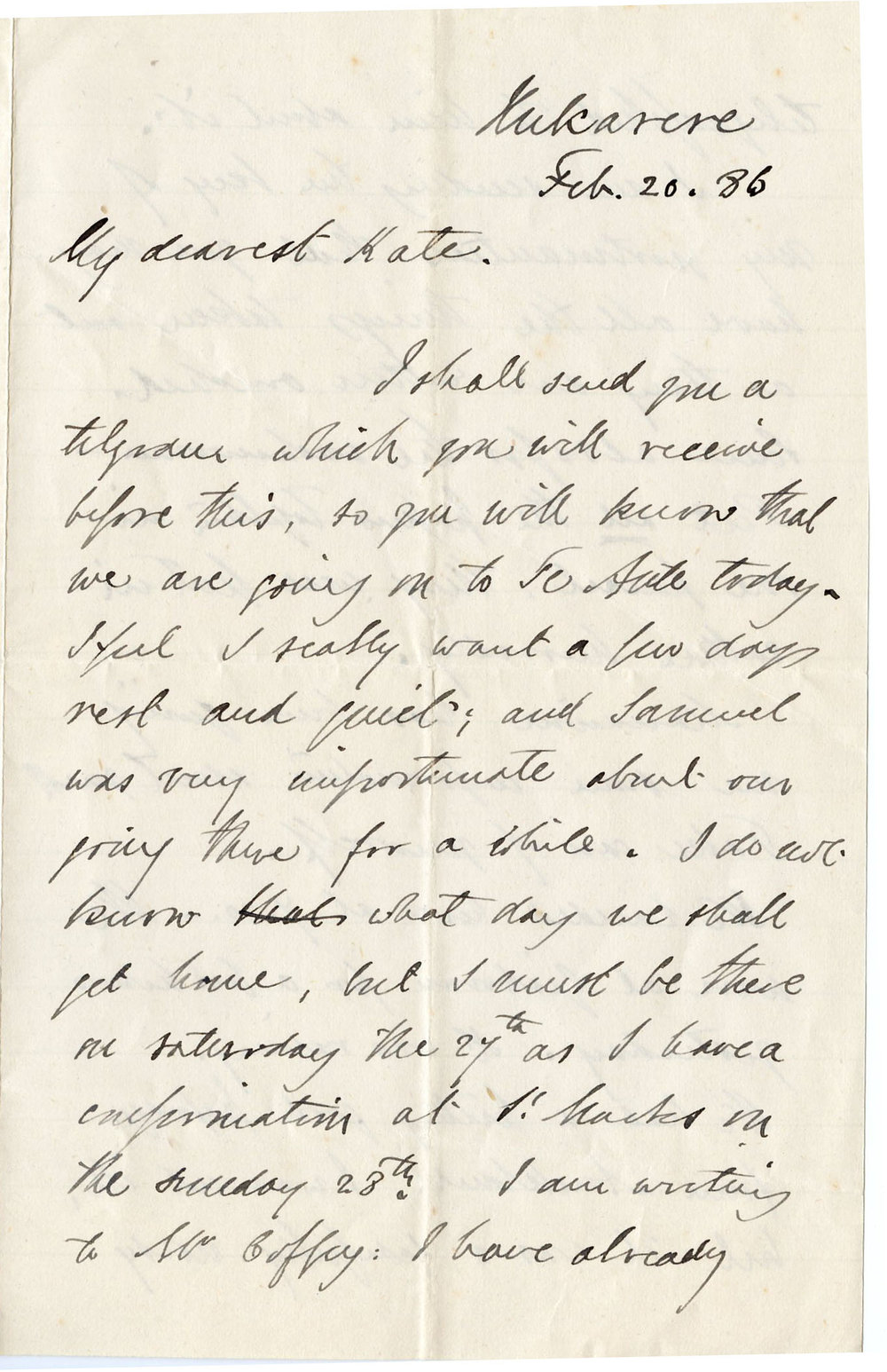 Letter from Octavius Hadfield to his wife Kate, February 1886