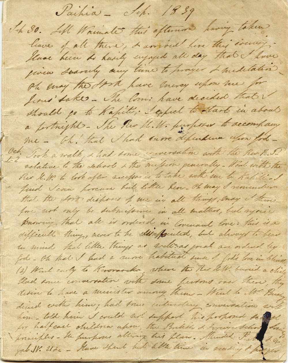 The Diary of Octavius Hadfield, 1839 (extract)