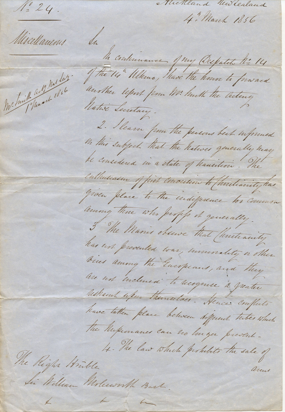 Letter from Governor Thomas Gore Browne, March 1856