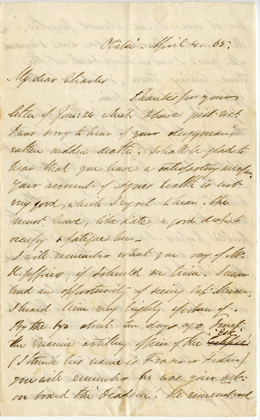Letter from Octavius Hadfield to his brother Charles, April 1865